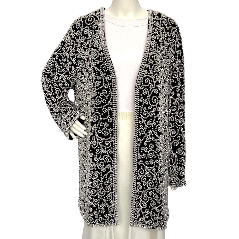Beaded Silk Open Jacket All Over Pearl Embellished Formal Vintage Women Size L